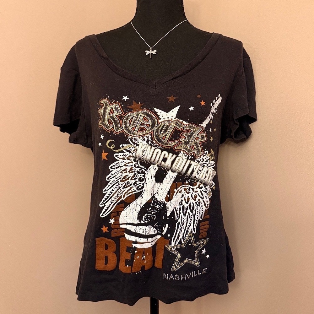 Big Bang Nashville Graphic Tee Black Studded V-Neck Large USA Made Grunge